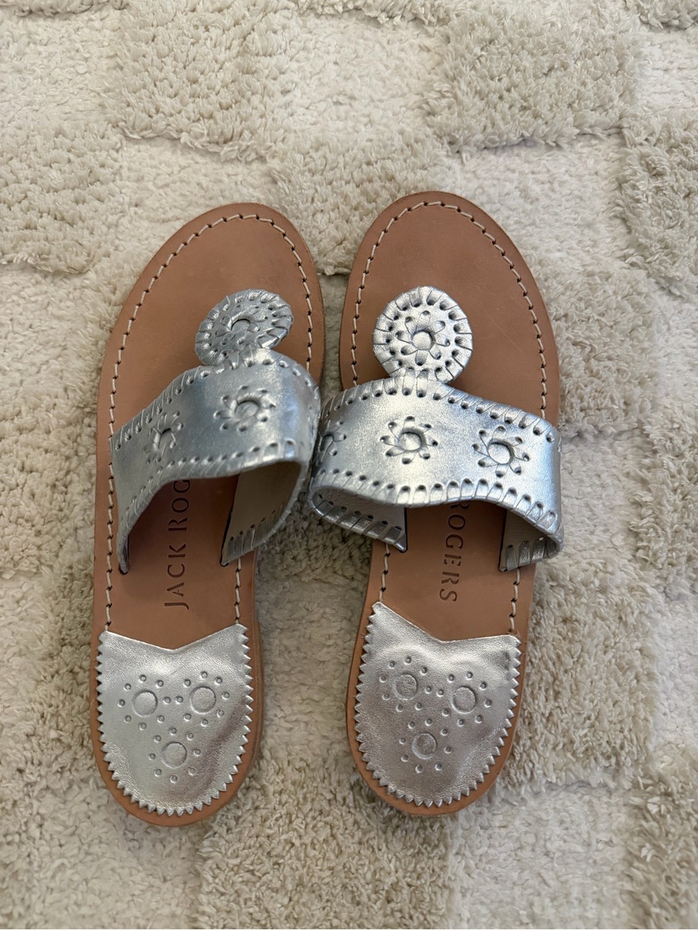 Jack Rogers Silver Leather Slide Sandals with Signature Medallion